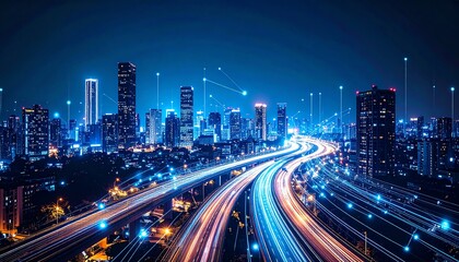 A vibrant city skyline at night, showcasing illuminated skyscrapers and flowing traffic, with light trails creating dynamic patterns