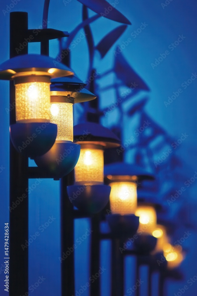 Poster row of illuminated outdoor lanterns at dusk in urban park setting with blue background and geometric