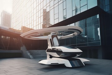 Futuristic Air Taxi City Landing.