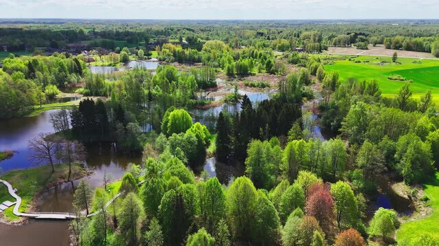 Biržai Regional Park, Lithuania - A Stunning Vista Reveals Meandering Paths Linking Tranquil Karst Lakes and Verdant Woodlands - Aerial Drone Shot