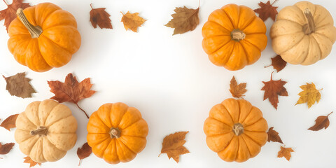 Pumpkins and Leaves Forming a Thanksgiving Frame on White Background.