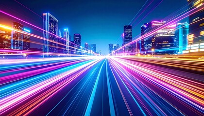 Fototapeta premium A vibrant cityscape at night, showcasing colorful light trails from moving vehicles against a backdrop of skyscrapers