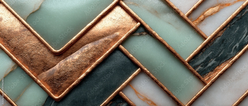 Poster abstract herringbone pattern of marble tiles with copper trim, creating a luxurious and modern stone