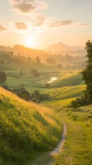 Obraz premium Serene Sunset over a Rolling Hillside with Grazing Sheep