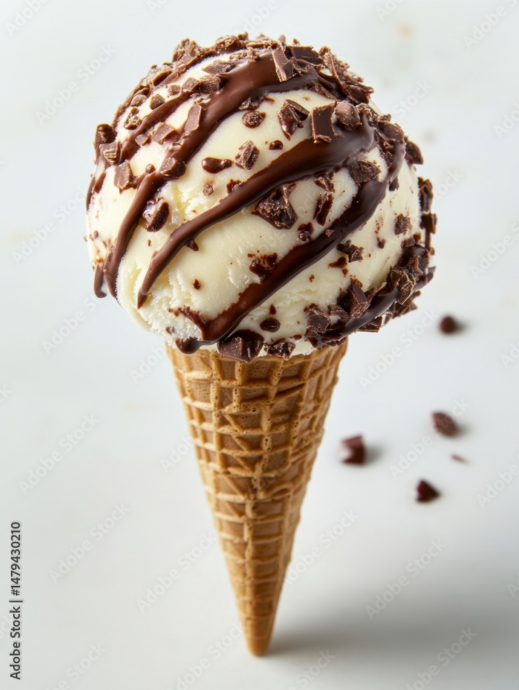 Poster vanilla ice cream cone with chocolate drizzle and shavings studio shot on bright white background fo