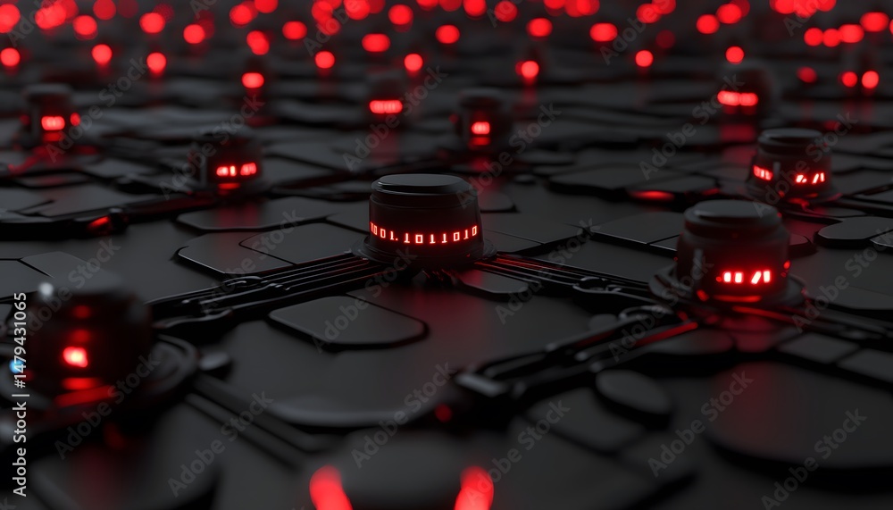 Poster futuristic technological circuit board with illuminated components.