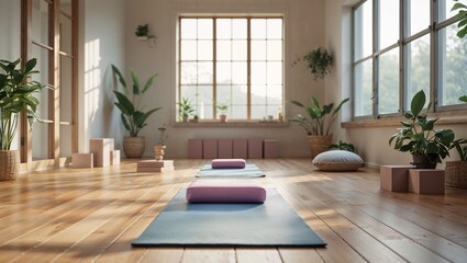 Fototapeta premium Step into a serene yoga studio with mats, pillows, wooden blocks, and plants by large windows, perfect for wellness photography and meditation spaces.