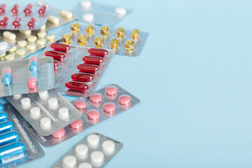 too many different pill of various blisters with different pills Medicines storage at home concept...