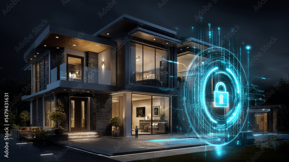Poster smart home isometric concept. private house consists digits code. cyber safety of internet of things