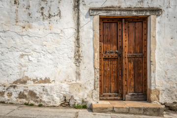 Rustic brown wooden door with weathered surface against textured white wall