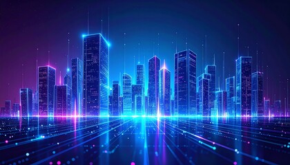 Fototapeta premium A vibrant, futuristic city skyline illuminated by neon lights, showcasing tall skyscrapers against a dark starry backdrop