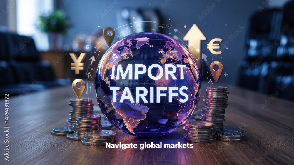 Poster global import tariffs visualized on a transparent globe.