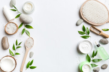 Coconut with jars of coconut oil and cosmetic cream on colored background. Top view. Free space for your text. Natural spa coconut cosmetics and organic treatment concept Coconut Spa composition