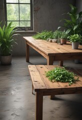 Fototapeta premium Rustic wooden table with vibrant green plants, summer, eco