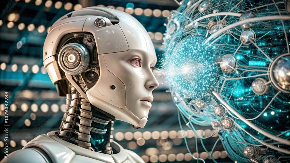 Poster ai technology. artificial intelligence. humanoid robot use ai tools.