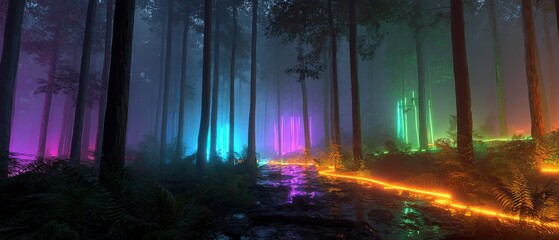 Enchanted forest with neon lights illuminating the path in a mystical and magical landscape at night Concept of fantasy, nature, and vibrant colors