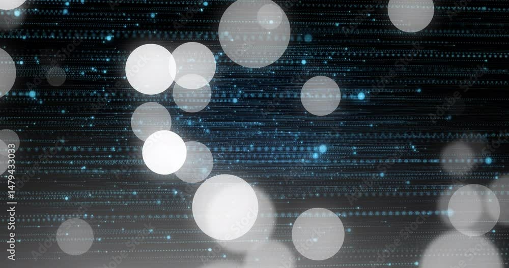 Poster translucent orbs floating over dark data lines and glowing code dots in animated illustration