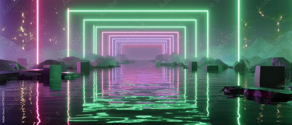 Poster surreal neon landscape with glowing square portals reflecting in water, creating a futuristic and dr