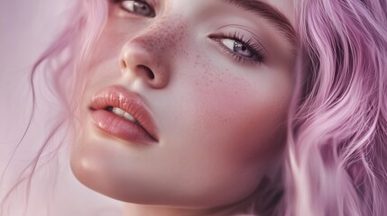Close-Up Portrait of Young Woman with Pink Hair and Natural Makeup, Soft Light