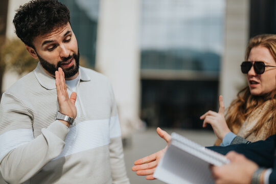 A woman gestures while speaking to a man outdoors; the man responds dismissively. The image captures emotional tension and a reactive interpersonal moment highlighting non-verbal communication.