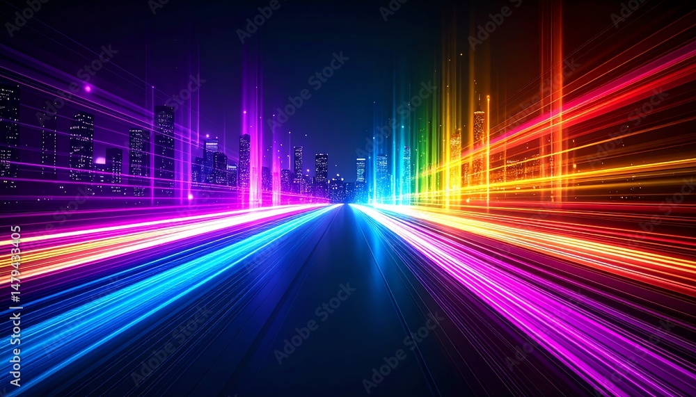 Poster vibrant light trails illuminate a city skyline at night, creating a dynamic and colorful visual effe