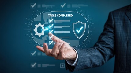 Businessperson interacting with digital tasks completed interface.