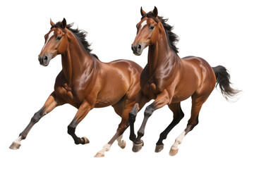Isolated on white, a brown equine animal, a beautiful farm horse with a portrait head and flowing mane, stands as a majestic mammal
