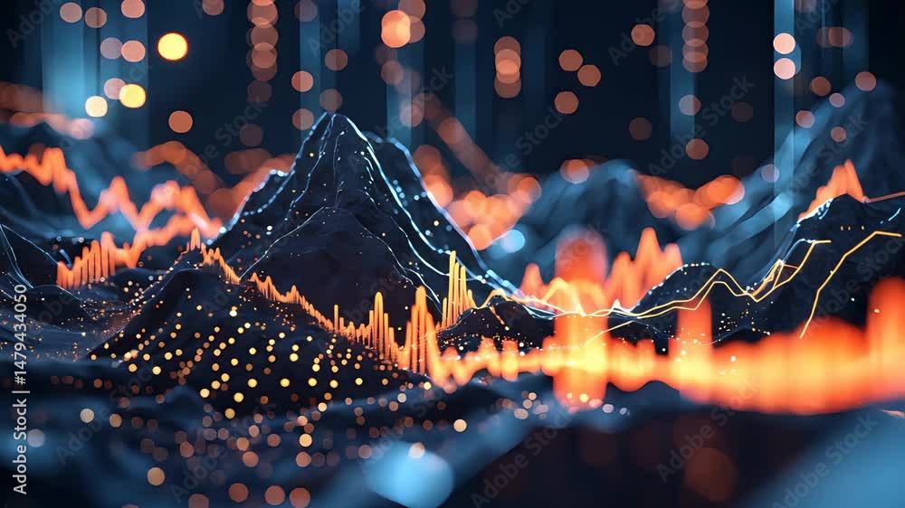 Poster futuristic 3d landscape of glowing orange and yellow data lines forming mountains and valleys in dig
