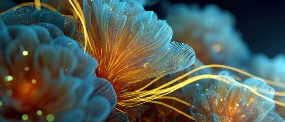 Abstract glowing floral background with blue petals and golden light trails, creating a magical and ethereal atmosphere Concept of fantasy, beauty, and luminescence