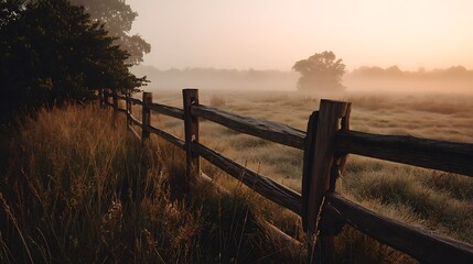 Obraz premium Rustic Wooden Fence in Foggy Field at Sunrise .