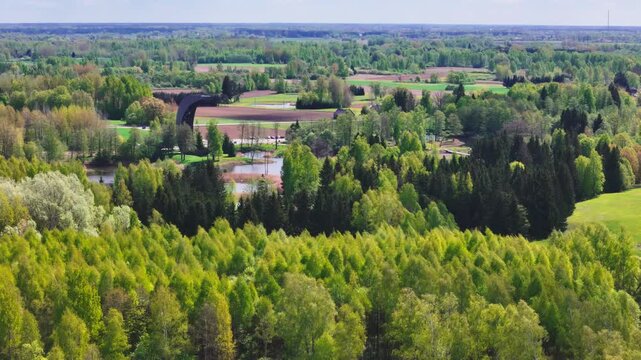 The Moon-shaped Kirkilai Observation Tower Overlooks the Picturesque Karst Lake and Thick Forested Surroundings in Biržai Regional Park, Lithuania - Aerial Drone Shot