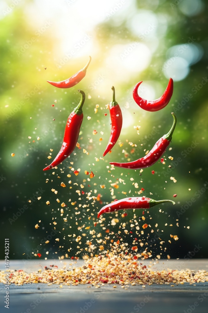 Poster red chili peppers levitating with spice explosion on wood surface in studio shot with bokeh backgrou
