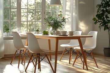 Modern Scandinavian-style living room with white dining table, chairs with light wood legs, pendant lamp, green apple, coffee mugs, and vase with flowers. Clean and minimalistic interior design.
