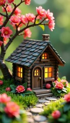 Charming miniature cabin, flowering branch detail Home, return, purchase concept , flower, homecoming