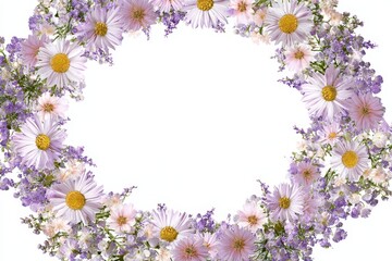 Circular floral frame of various pastel flowers.