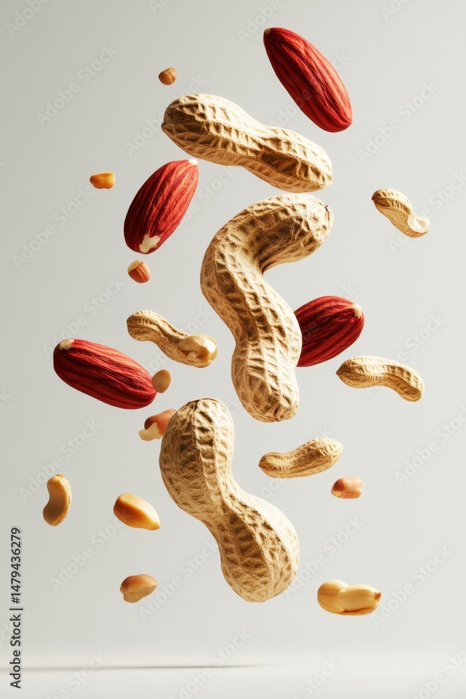 Poster floating peanuts and almonds in studio shot for healthy snack concept with neutral background and dy