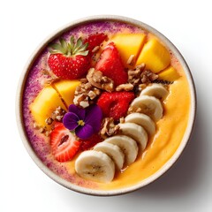 Colorful tropical smoothie bowl with fresh fruits and nuts top view