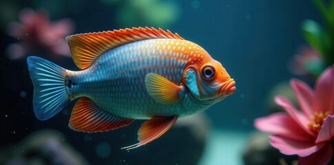 Close-up view of vibrant, colorful tropical fish in clear aquarium water , fins, underwater photography