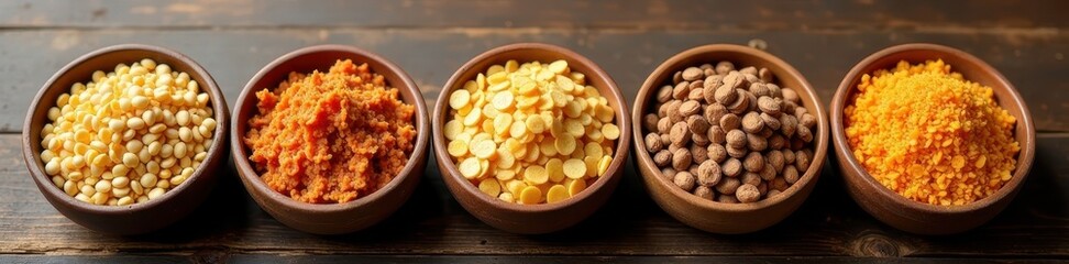 Assorted breakfast cereals in bowls, rustic wood , oatmeal, wood texture