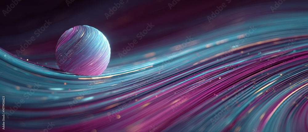 Poster abstract sphere resting on flowing lines with vibrant teal and magenta colors concept of modern tech