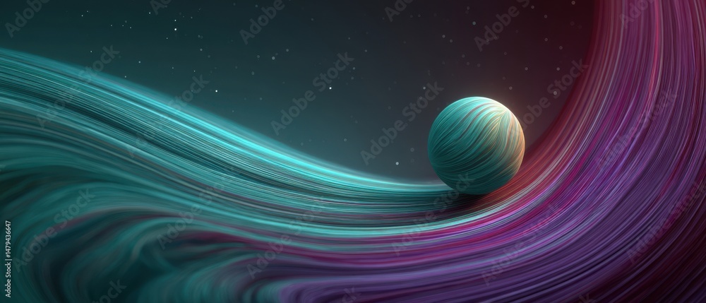 Poster abstract sphere on flowing lines with teal and purple hues in a cosmic space, creating a sense of mo