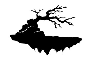 Tree Silhouette Growing from a Rock Cliff, Cliffside Tree Illustration, Rock and Tree Landscape, On Transparent Background
