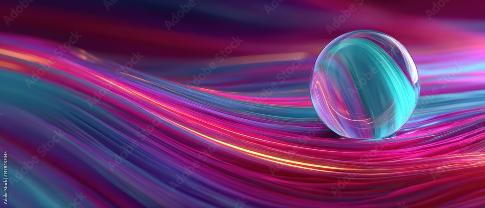 Poster abstract flowing vibrant lines with glass sphere, creating a dynamic and colorful background concept