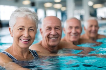 Obraz premium Group of seniors smiling and relaxing in swimming pool