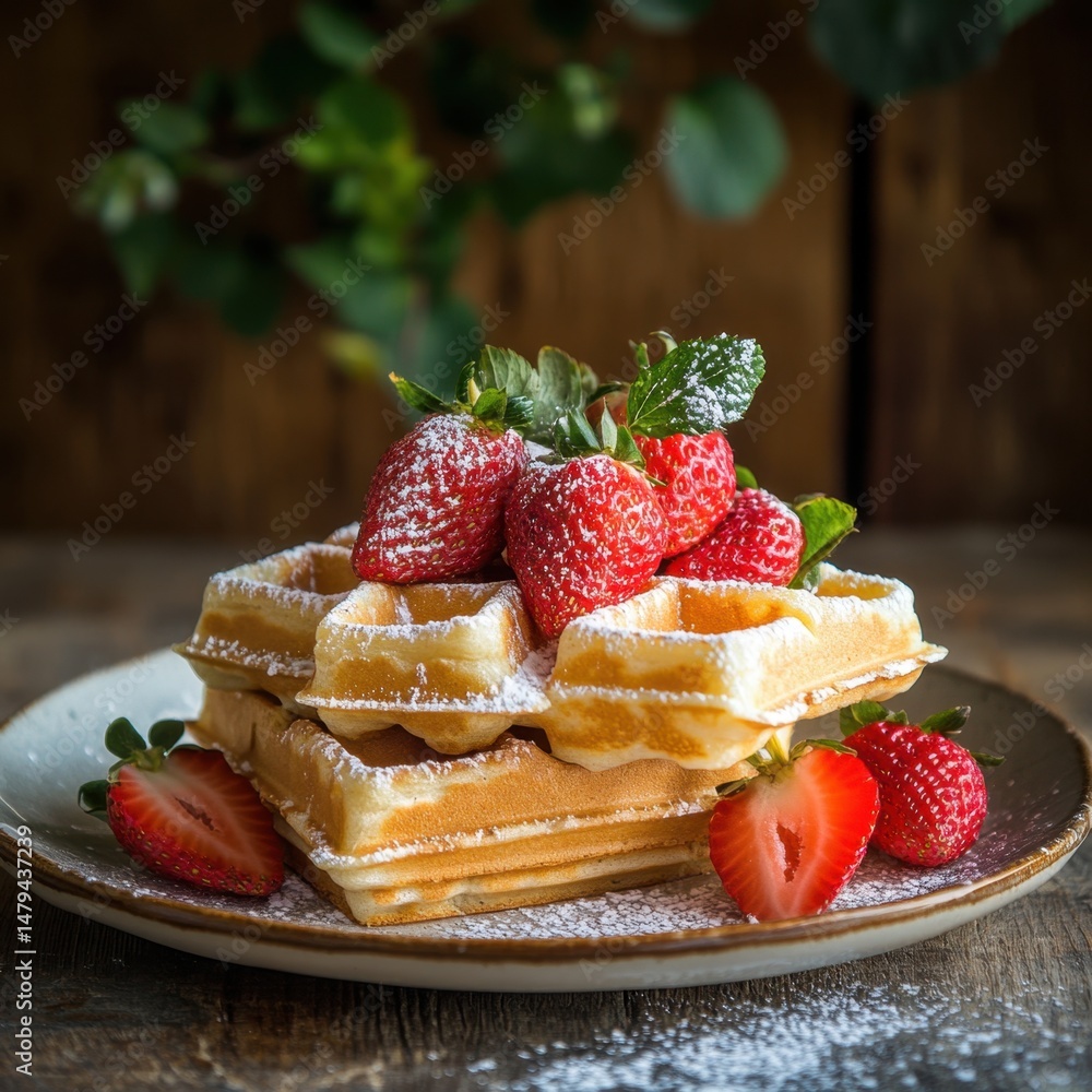 Poster stack of waffles topped with fresh strawberries and mint leaves dusted with powdered sugar on a rust