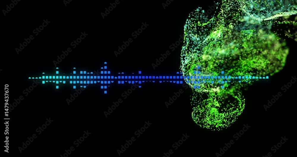 Poster animating digital art featuring pulsing blue waveform left and swirling green particle cloud right