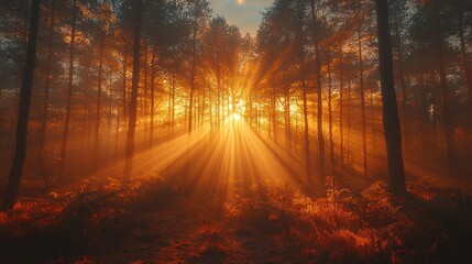 Fototapeta premium Golden sunlight streams through misty forest