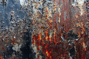 Fototapeta premium The metal surface is old, with peeling black paint with red rust. Background with metal texture.