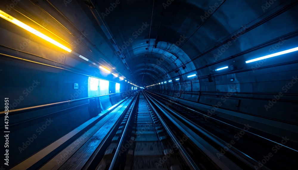 Poster a futuristic tunnel view with illuminated tracks, creating a sense of motion and depth in a sleek, m