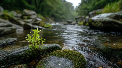 Naklejka premium Small Green Plant Sprouting on Rocks in a River .
